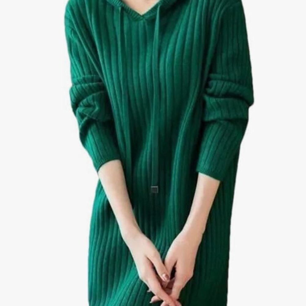 New Women's Loose Hooded Knitwear Solid Green Pullovers Knitted Sweater Dress